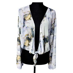 Womens Marbled Blue Sheer Shrug Wrap Sz XL Ethereal Indie Overlay Flowy Abstract